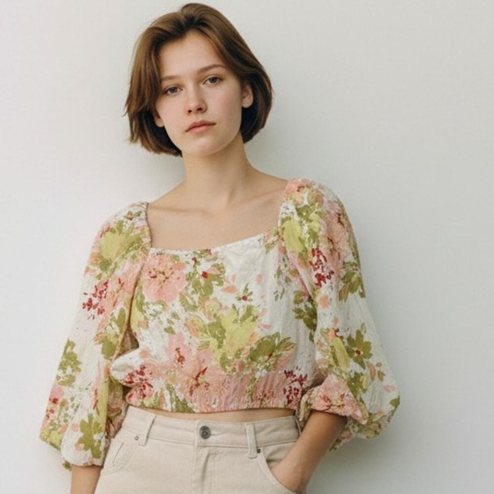 L Top Blouse Calypso St. Barth floral puff sleeve cropped Romantic Croquette